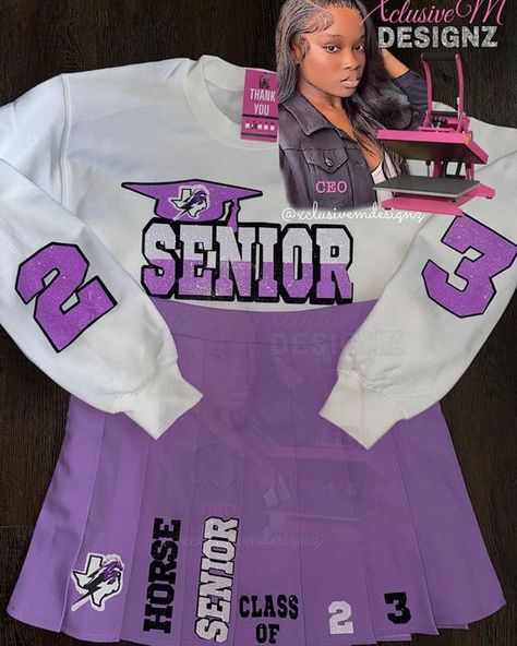 Senior Picture Outfit Ideas Black Women, Senior Custom Shirts, Outfit Ideas For Fair Date, 2024 Senior Picture Ideas High School, Custom Graduation Outfit, Custom Senior Outfits 2025, Senior Cheerleader Shirts, Custom Senior Outfits, Senior Skirt