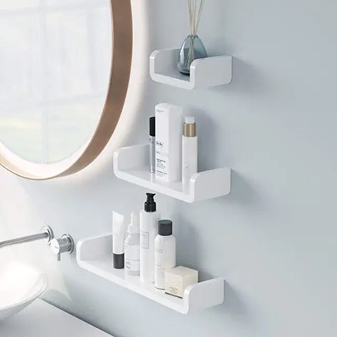 Cosmetic Shelves, Picture Ledge Shelf, Bathroom Shelf Organization, Ledge Shelf, Shower Rack, White Floating Shelves, Shower Shelf, Spice Racks, Shelves Wall