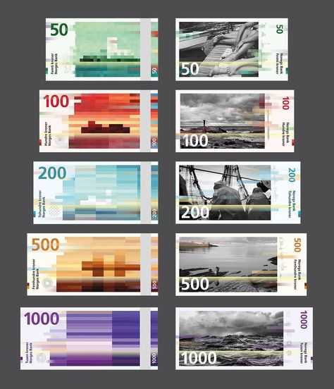 Nuevos billetes noruegos // The new Norwegian Krone banknotes, courtesy of Snøhetta Design (http://graffica.info/noruega-billetes-punk-vanguardia/) Collaborative Furniture, Banknotes Design, Currency Design, Money Design, Notes Design, Architecture Firm, Design Graphique, Paper Money, Bank Notes