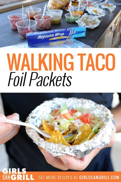 Make your backyard cookouts more experiential by offering a walking taco bar, using a variety of lean proteins, chips and foil packets. #walkingtaco #camping #tacobar Walking Taco Bar, Taco In A Bag, Grilled Foil Packets, Walking Taco, Camping Menu, Green Snacks, Walking Tacos, Easy Grilling Recipes, Foil Packet