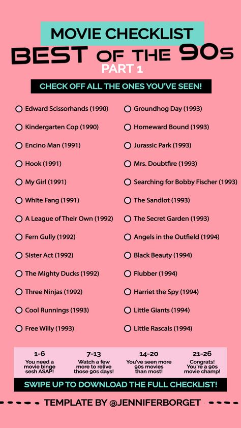 Old School Movies 90s, How To Live Like The 90s, Best Movies From The 90s, 90s Movie List, 90s Movie Night, 90s Romcom Movies List, Classic Movie List, 90s Girly Movies, Movie Night Checklist