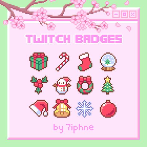 Christmas Pixel Art, Christmas Pixel, Bell Wreath, Twitch Badges, Santa Hat, Candy Cane, Pixel Art, Wreath, Candy