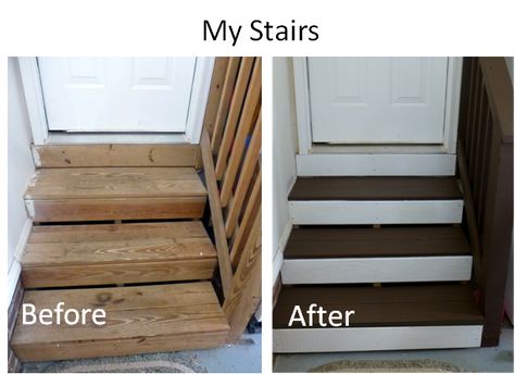 The before and after.  Why I never did something to the steps before is beyond me!  :) Garage Steps, Garage Stairs, Garage Entryway, Garage Floor Paint, Finished Garage, Stairs Makeover, Garage Entry, Garage Remodel, Garage Work Bench