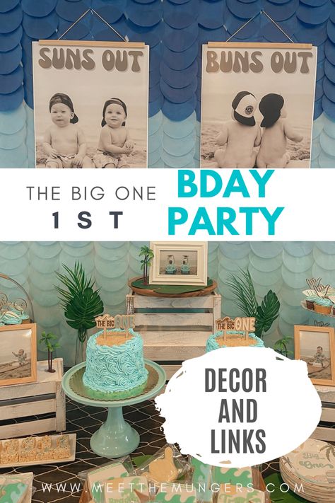 Blog post outlining all of the decor and tutorials needed to throw an epic The Big One surf theme first birthday party! First Luau Birthday Party Boy, The Big One Decorations, Beach Inspired Birthday Party, Beach Themed First Birthday Boys, The Big One Surf Birthday Table Decor, Surf Party Food Ideas, The Big One Party Decorations, The Big One Dessert Table, One Year Old Beach Birthday Party