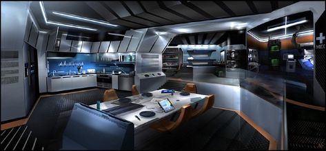 Sci-Fi Apartment | Ship interior Patrick Okeefe, Spacecraft Interior, Sci Fi Interior Design, Scifi Room, Futuristic Kitchen, Sci Fi Room, Scifi Environment, Scifi Interior, Mess Hall