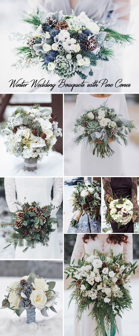 Winter Wedding Bouquet Pinecones, December Wedding Flowers Bridal Bouquets, Pinecone Centerpiece Wedding, Pinecone Wedding Decorations, Winter Bouquet Wedding, Winter Wedding Florals, Pine Cone Wedding, Winter Romantic, Romantic Winter Wedding