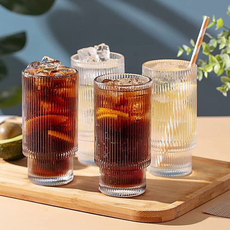 SUNNOW Vastto 11 Ounce Stackable Ribbed Glass Cup,Iced Tea Glasses for Water, Beverage,Juice, Wine,Beer and Cocktail,Set of 4 Juice Glass Set, Glass Cup Set, Cafe Cup, Iced Tea Glasses, Juice Cup, Cocktail Set, Tea Glasses, Glass Coffee Cups, Glasses Drinking