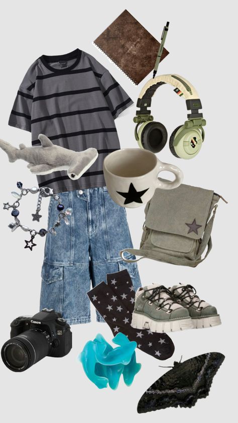 Shuffle outfit inspo ☆ aesthetic, vintage fairy grunge nasa green blue black vintage shark star y2k jorts shorts sweater sage Shuffle Outfit, Shark Clothes, Star Y2k, Silly Clothes, Vintage Fairy, Funky Outfits, Fire Fits, Cool Fits, Swaggy Outfits