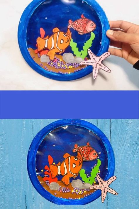 Under The Sea School Project, Ocean Themed Arts And Crafts, Aquarium Model Projects, Paper Plate Aquarium Craft, Under The Sea Projects For Kids, Paper Plate Craft Ideas, Coral Reef Craft For Kids, Ocean Projects For Kids, Aquarium Crafts For Kids