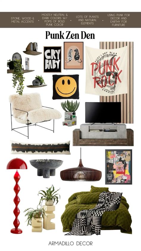 Glam Room Inspiration, Eclectic Girly Decor, Rooms With Personality, Punk Decor Apartments, Nashville Living Room, Punk Rock Living Room, Punk Living Room, Zen Decorating Ideas, Punk Interior Design