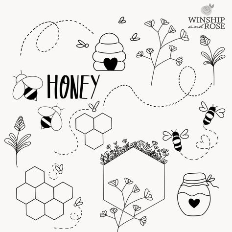 Bees and Honey Bumblebee Clip Art Honeycombs Drawings, Bees And Honey, Honeycomb Tattoo, Bee Drawing, Bee Designs, Honey Bee Hives, Mini Drawings, Honey Pot