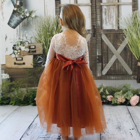 Autumn Ginger Tulle & Lace Flower Girl Lace Dress Tulle is a beautiful mix of Autumn Ginger, Orange, Rust, Burnt Orange and maybe a hint of Copper. Sash color shown is rust. The lace bodice comes in a soft white only and is barely off white. the attached tulle comes in a variety of colors. See Orange Flower Girl, Fall Flower Girl Dresses, Flower Girl Dresses Navy, Bridesmaid Tulle, Rust Color Dress, Dresses Western, Ginger Dress, Fall Bridesmaid Dresses