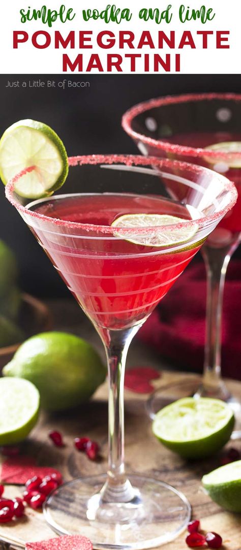 For the perfect holiday drink, try my vodka pomegranate martini cocktail! This easy recipe is well balanced, not too sweet, and simple to make. Great for Christmas, Valentine's Day, or any day you want a little something. | justalittlebitofbacon.com #cocktails #drinks #cocktailrecipes #drinkrecipes #pomegranate #martini #martinirecipes Berry Martini Recipes, Pomagranet Martini Recipe, Simple Martini Recipes, Red Cocktail Drinks, Valentines Martini, Bday Cocktails, Holiday Martini Recipes, Valentine Martini, Pomegranate Vodka Cocktail