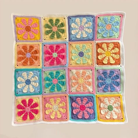 Crochet Retro Flower Granny Square, Retro Flower Crochet Blanket, 70s Flower Granny Square, Retro Flower Granny Square Blanket, Granny Square Flower Blanket, Retro Daisy Granny Square, Flower Granny Square Blanket, Motifs Granny Square, Crochet Flower Blanket