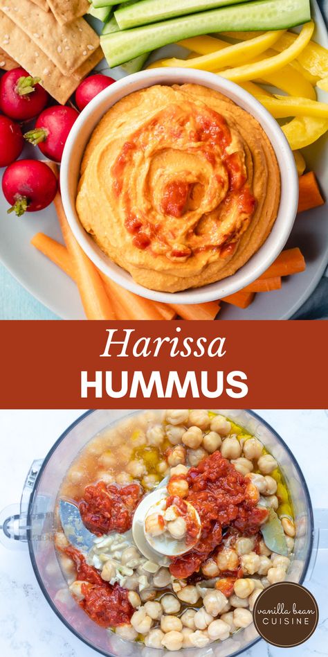 Harrisa Paste Recipes, Unique Hummus Recipe, Mediterranean Hummus Recipe, Harissa Hummus, Harissa Paste Recipe, Chickpea Hummus Recipe, Spicy Hummus Recipe, Harissa Chickpeas, Recipe Hummus