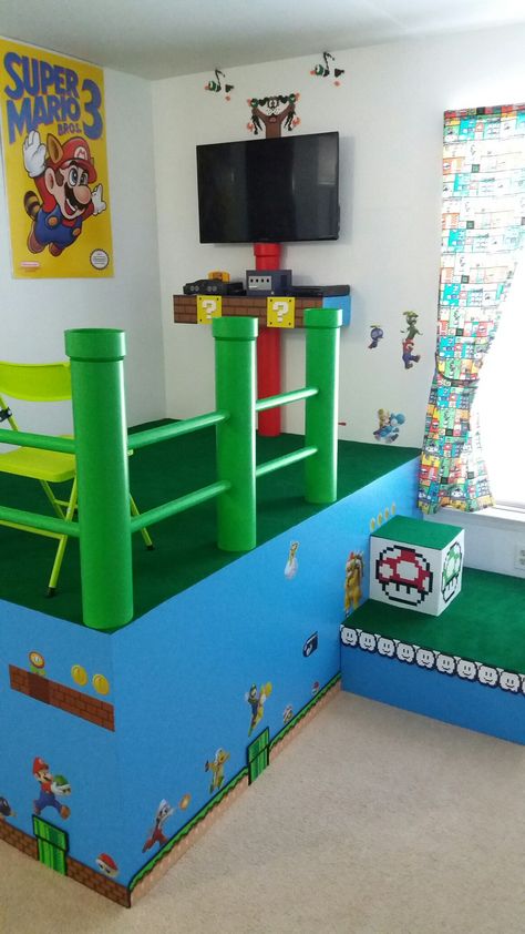 Super Mario Brothers / Nintendo  Game Room Mario Cart Room Ideas, Mario Cart Bedroom Ideas, Super Mario Game Room, Super Mario Home Decor, Mario Cube Shelf, Super Mario Room Diy, Super Mario Playroom, Mario Brothers Room, Super Mario Room Ideas