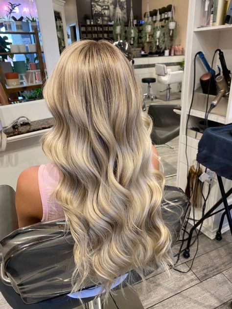 Hair Color Idea Blonde, Blonde Hair Curtain Bangs Long, Blond Hair With Highlights Summer, Long Blonde Prom Hair, Full Balyage Long Hair Blonde, Highlights Into Balayage Blonde, Blondes With Blonde Highlights, Full Blonding Service, Full Teasy Lights