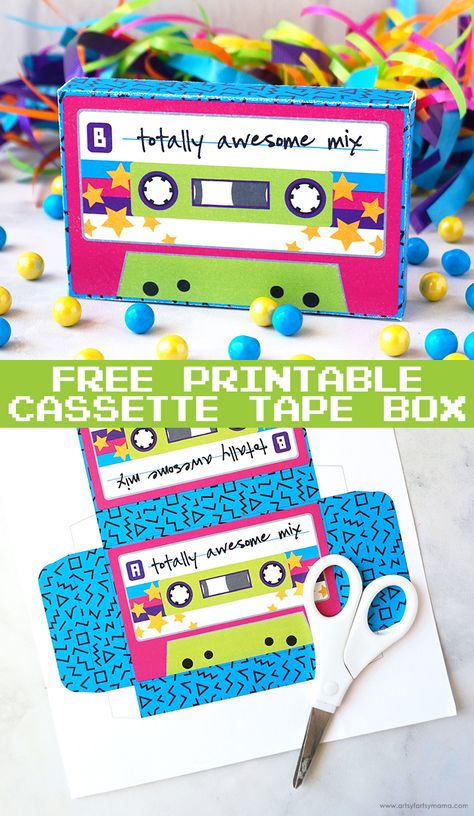 Free Printable Cassette Tape Box #totallyfreeprintables #freebies #freeprintable #80s #partyprintables #giftidea #partyfavor #box Cassette Template Free Printable, Boom Box Template, Back To The Future Door Decorations, Free Printable 80s Decorations, Cricut 80s Decorations, Printable Cassette Tapes, 80s Theme Table Centerpieces, Cassette Tape Box Template, 80s Printables Free