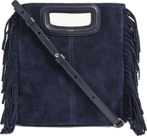 MAJE - M suede shoulder bag | Selfridges.com Maje Bag, Fringe Handbags, Navy Bag, Jordan Jewelry, Suede Purse, Fringe Purse, Medium Bag, Boho Fringe, Fringe Bags