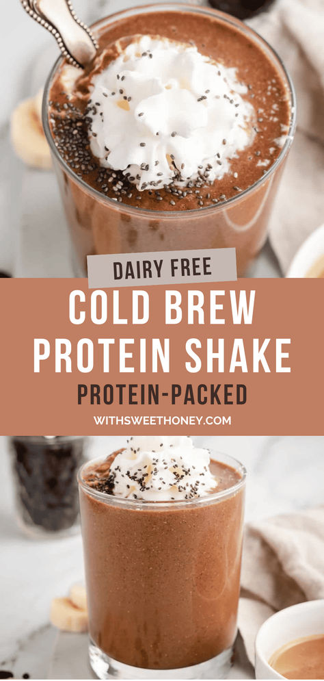 Start your day energized with this creamy cold brew coffee protein shake! Made with a few simple ingredients and packed with healthy protein. #shake #proteinshake #coffee #coffeeshake Cold Brew Protein Shake, Coffee Protein Shakes, Healthy Protein Shake, Mocha Protein Shake, Yummy Protein Shakes, Iced Coffee Protein Shake Recipe, Healthy Dark Chocolate, Iced Coffee Protein Shake, Coffee Protein Shake