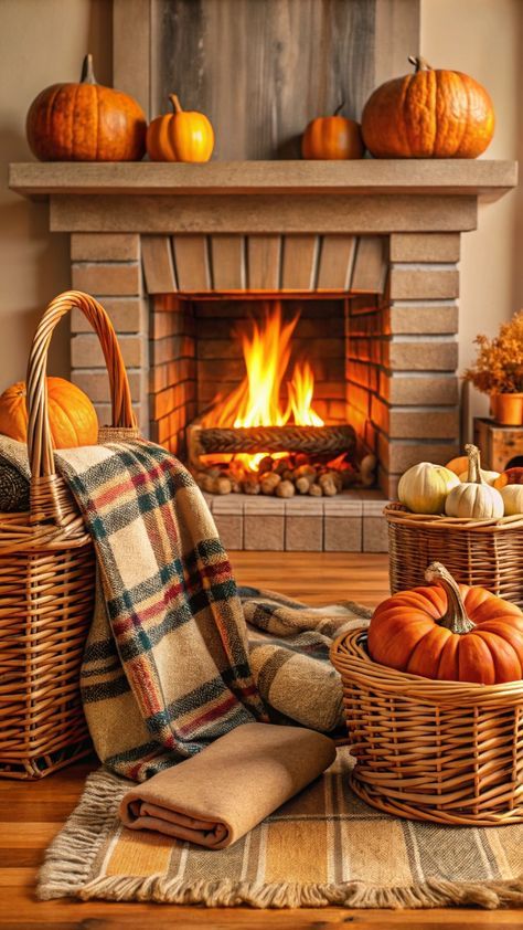 Fall Plaid Wallpaper, Autumn Background Aesthetic, Pumpkin Cottage, Fireplace Cozy, Plaid Pumpkins, Fun Diy Projects, Fall Fireplace, Plaid Blankets, Fall Decorating Ideas