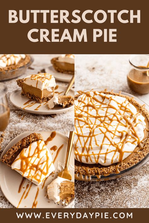 This Butterscotch Cream Pie is over-the-top but in all the best ways. Homemade butterscotch pudding is topped with silky whipped cream, drizzled with more butterscotch and tucked inside of saltine chocolate toffee crumb crust. Butterscotch Pie Pudding, Butterscotch Ice Cream Topping, Butterscotch Cream Pie Recipes, Butterscotch Pudding Pie Jello, Butterscotch Cream Pie, Butterscotch Pudding Pie, Butterscotch Pie Recipe, Butterscotch Desserts, Homemade Butterscotch