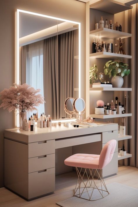 Vanity With Study Table, Dressing Table Ikea Ideas, Study Table Dressing Table, Dressing Table Ideas Aesthetic, Make Up Room Design Interiors, Bedroom With Makeup Table, Simple Dressing Table Ideas, Make Up Tables Ideas, Ikea Makeup Table