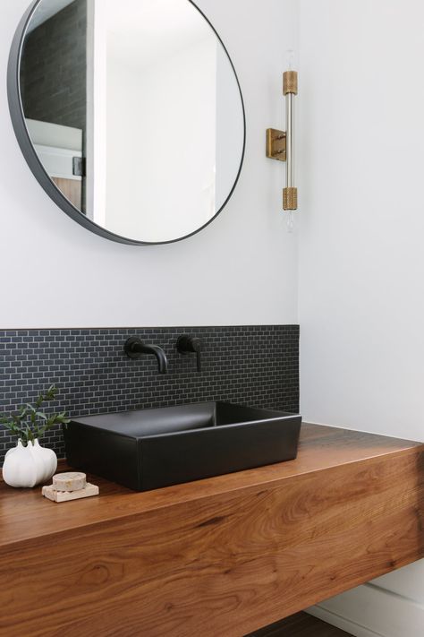 Black Bathroom Backsplash Ideas: Inspiration and Shopping | Hunker Bathroom Backsplash Ideas, Simple Bathroom Designs, Black Backsplash, Black Sink, Black Tiles, Bathroom Backsplash, Boho Bathroom, Bathroom Trends, Backsplash Ideas