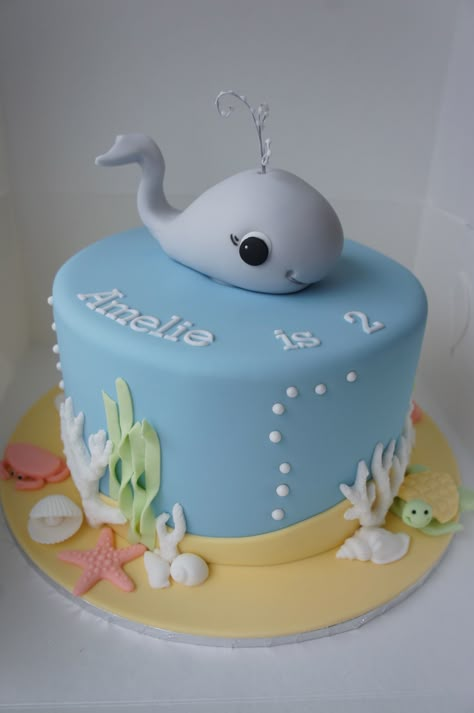 Under the sea themed tower top cake designed fro a 2nd birthday. Sea Theme Birthday Cake, Under The Sea Birthday Cakes, Birthday Cake Under The Sea, Sea Cakes Birthday, Sea Theme Cake, Under The Sea Birthday Cake Girl, Underwater Cake, Whale Cake, Sea Animals Birthday Cake