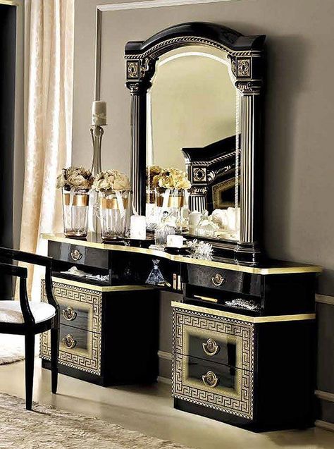 dressing table ideas dressing table aesthetic dressing table design dressing table designs dressing tables design bedroom decor bedroom ideas bedroom bedroom furniture bedroom decor ideas bedroom decoration bedroom inspirations Black And Gold Vanity, Dressing Table Design Bedrooms, Latest Dressing Table Designs, Contemporary Bedroom Sets, 2023 Makeup, Gold Vanity, Italian Bedroom Sets, Vanity Dresser, Black Vanity