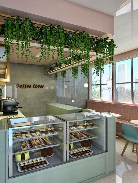 Take Way Cafe Design, Sage Green Coffee Shop, Cool Cafe Interiors, Coffee Ideas Design, Futuristic Coffee Shop, Cute Cafe Ideas, Cute Coffee Shop Interior, Cute Cafe Interior, Mini Cafeteria Ideas