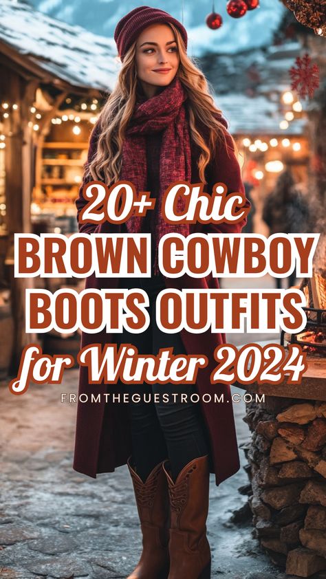 a woman wears brown cowboy boots for winter, western outfits Cold Weather Outfits Cowboy Boots, Dresses And Western Boots Outfits, Styling With Cowboy Boots, Flannel Outfits With Cowgirl Boots, Styling Cowboy Boots Women Winter, Holiday Party Outfit Cowboy Boots, Holiday Outfits With Boots, How To Style Brown Cowgirl Boots, Tights And Cowboy Boots Outfit