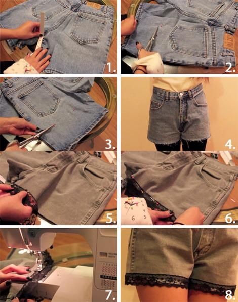 Denim with Lace - DIY Decorating Clothing Upcycle Diy, Lace Denim Shorts, Shorts Diy, Diy Clothes Refashion, Cycling Clothes, Diy Denim, Diy Shoe, Lace Diy, Sewing Basket