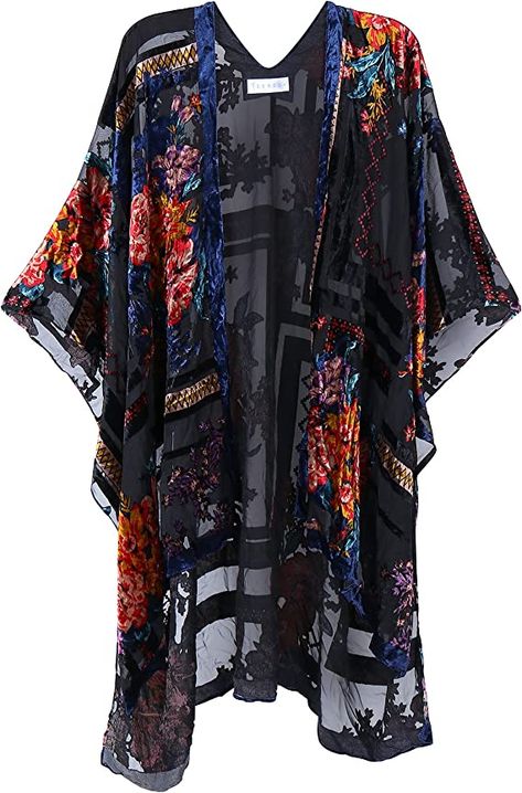 MJ SERECA Women's Burnout Velvet Kimono Long Cardigan Cover Up Without Tassel (Black Flower Without Tassel) at Amazon Women’s Clothing store Whimsigoth Fashion, Witch Of The Woods, Bouquet Of Lavender, Boho Summer Fashion, Gilet Kimono, Living Boho, Velvet Clothing, Whimsical Gothic, Flower Kimono