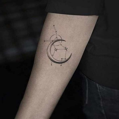 Moon And Virgo Tattoo, Moon And Taurus Tattoo, Virgo Dragon Tattoo, Zodiac Virgo Tattoos, Moon Virgo Tattoo, Moon Constellation Tattoo, Virgo Moon Tattoo, Taurus Moon Tattoo, Virgo Inspired Tattoo