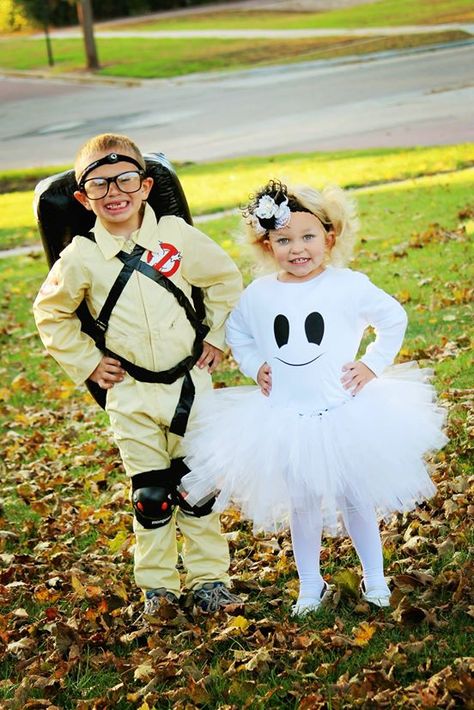 Ghostbuster And Ghost Costume, Ghostbuster Ghost Costume, Ghost And Ghost Buster Costume, Sibling Ghost Costumes, Family Ghost Costume, Ghost Busters Costume, Ghost Buster Family Costume Ideas, Family Ghost Busters Costumes, Ghost Family Costume