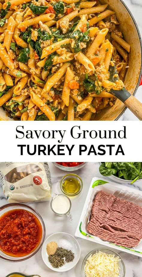 This is the best savory ground turkey pasta! It's a one-pot meal that comes together easily and is perfect for a healthy weeknight meal the whole family will love! This lightened up recipe is made with lean ground turkey but is still incredibly flavorful. Ground Turkey Pasta Recipes, Ground Turkey Casserole, Ground Turkey Pasta, Ground Turkey Recipes Easy, Healthy Turkey Recipes, Ground Turkey Recipes Healthy, Turkey Pasta, Healthy Ground Turkey, Turkey Casserole