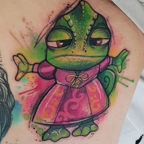 Disney Thigh Tattoo, Pascal Tangled, Sketchy Tattoo, Thigh Tat, Cartoon Character Tattoos, Disney Tattoo, Gorgeous Tattoos, Like A Rock, Thigh Tattoos Women