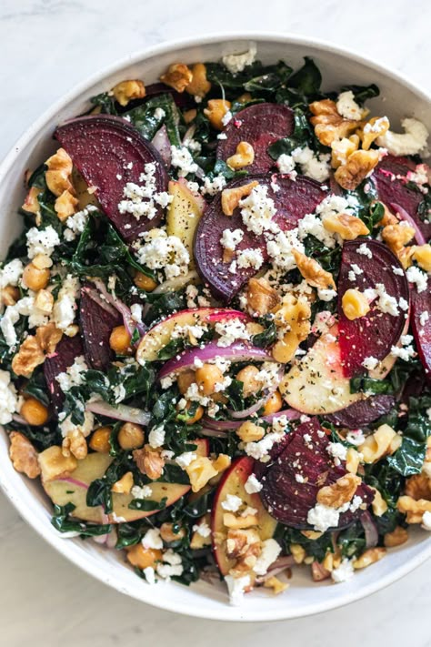 Roasted Kale and Beet Salad with Chickpeas and Goat Cheese Kale And Beet Salad, Salad For Fall, Roasted Kale, Salad With Chickpeas, Beet And Goat Cheese, Savory Salads, Beetroot Salad, Apples And Cheese, Goat Cheese Salad