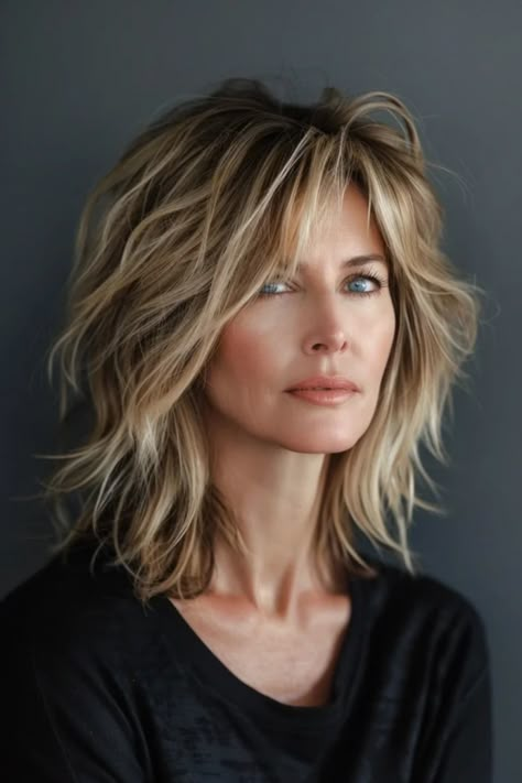 A woman with tousled short blonde hair and blue eyes, gazing to the side, against a grey background. Long Bob With Choppy Layers, Shag Hairstyles Low Maintenance, Shaggy Bangs Fine Hair, Choppy Layered Bob Hairstyles Medium, Edgy Textured Haircuts, Shag No Bangs Hairstyles Medium, Hair Styles Shoulder Length With Bangs, Layered Lobs For Fine Hair, Medium Choppy Haircuts For Thick Hair