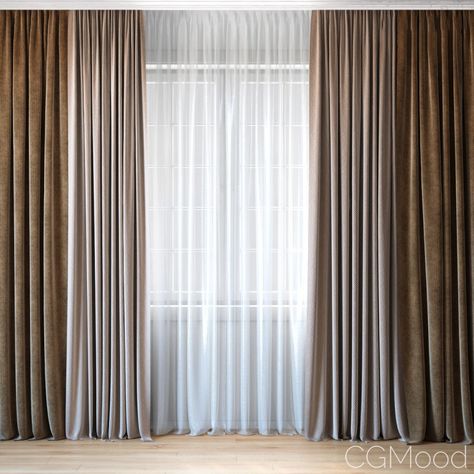 Curtains With Tulle Set 02 - 3D Model for VRay Beige Curtains Living Room, Curtain Designs For Bedroom, Curtains Living Room Modern, Window Curtains Living Room, Outdoor Entrance, Beige Curtains, Contemporary Curtains, Plain Curtains, Cool Curtains