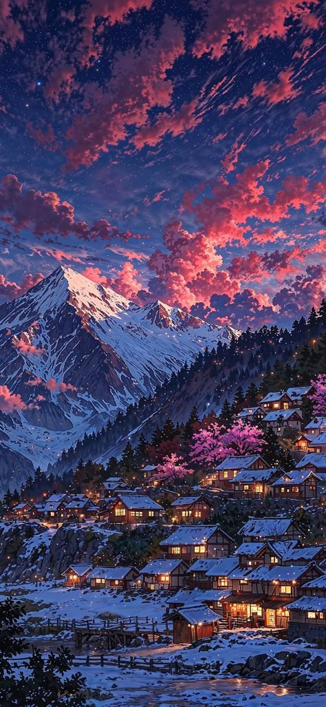 Village At Night, Calm Wallpaper, الفن الرقمي, Dreamy Artwork, View Wallpaper, Dreamy Landscapes, Snowy Mountain, Aesthetic Wallpaper Iphone, Mountain Village