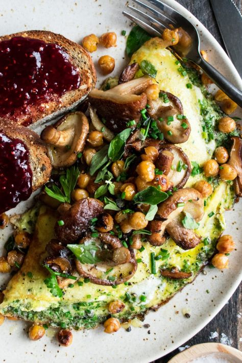 Herb Ricotta Omelets with Chickpeas & Mushrooms - The Original Dish The Original Dish, Balanced Breakfast, Crispy Chickpeas, Roasted Mushrooms, Salad With Sweet Potato, Roast Chicken Recipes, Lunch Salads, Breakfast Of Champions, Canned Chickpeas