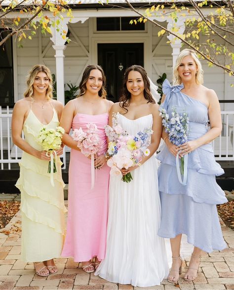 Pastel Spring Wedding Bouquet, Mix And Match Bridesmaid Bouquets, Summer Colour Wedding Theme, Pastel Mixed Bridesmaid Dresses, Mismatched Bridesmaid Dresses Pastel, Three Bridesmaids Mismatched, Bridesmaid Dresses Mismatched Pastel, Miss Match Bridesmaids, Small Bridal Party Photos