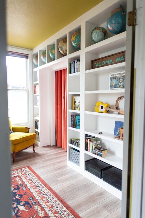 Ikea Hack Library Built-in — Liz Morrow Ikea Hack Library, Coral Curtains, Rental Kitchen Makeover, Industrial Bathroom Design, Billy Bookcases, Macrame Hanging Chair, Macrame Chairs, Ikea Billy Bookcase Hack, Used Cabinets