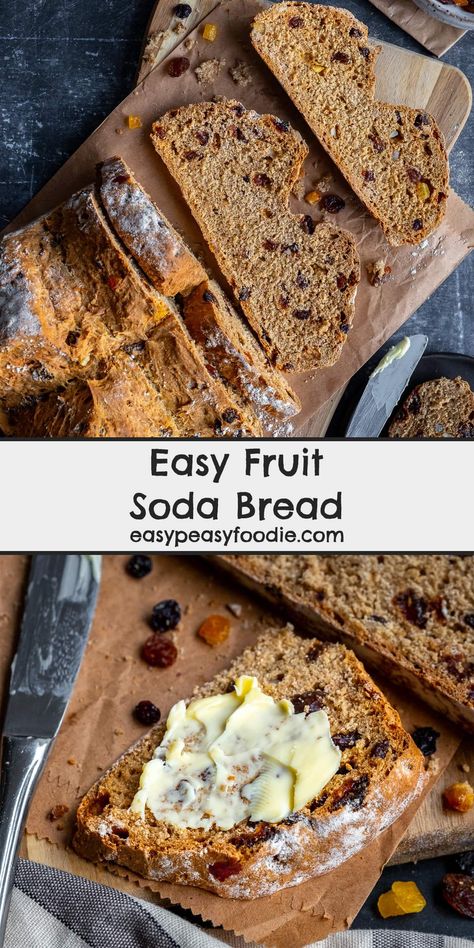 This Easy Fruit Soda Bread combines mixed dried fruit and a touch of spice with a classic white soda bread recipe, to create a delicious fruit bread that super quick to make - with no kneading or proving required. Perfect for St Patrick’s Day… or any day when you need a deliciously simple fruity soda bread recipe! #sodabread #fruitsodabread #fruitbread #easybread #quickbread #nokneadbread #irish #irishfood #irishbread #stpatricksday #stpatricksdayfood #easybaking #easyrecipes #easypeasyfoodie Soda Bread Recipe, Traditional Soda Bread Recipe, Soda Bread Gluten Free, Easy Soda Bread Recipe No Buttermilk, Soda Bread Without Buttermilk, Irish Soda Bread Easy No Buttermilk, Irish Bread, Dried Fruit Mix, Fruit Bread