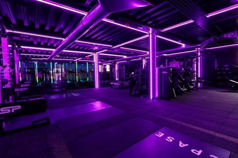 Gym With Led Lights, Gym Led Lighting, Purple Gym Aesthetic, Neon Gym, Commercial Gym Design, Male Bedroom Ideas, Small Home Gym Ideas, Gym Lighting, Dream Gym