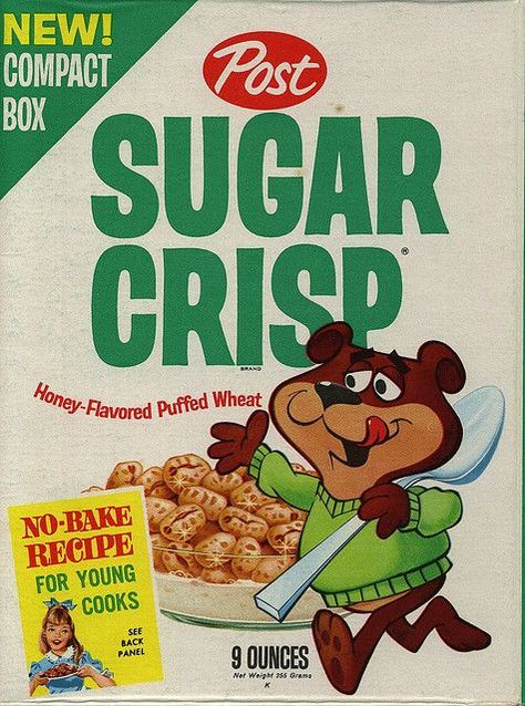 Sugar Crisp - The Post cereal was originally called Happy Jax, and was renamed to Sugar Crisp.  In 1967, The name was later changed to Super Sugar Crisp with mascot Sugar Bear. Cereal Mascots, Vintage Cereal, Cereal Packaging, Kids Cereal, Post Cereal, Honey Crisp, Sugar Bears, Retro Food, Cereal Boxes