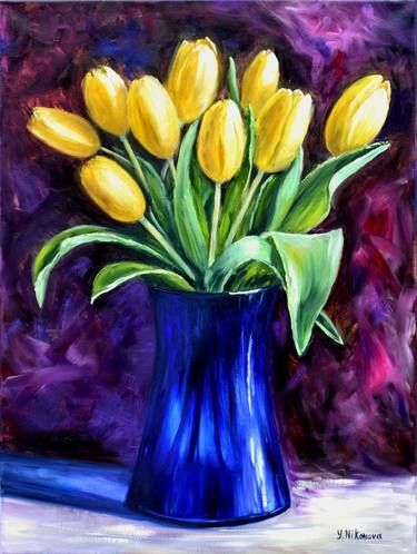 spring tulips | Saatchi Art Flowers In Vase Painting, Abstract Expressionist Art, Landscape Painting Tutorial, Tulip Painting, Tulips In Vase, Workshop Ideas, Painting Workshop, Spring Painting, Yellow Tulips