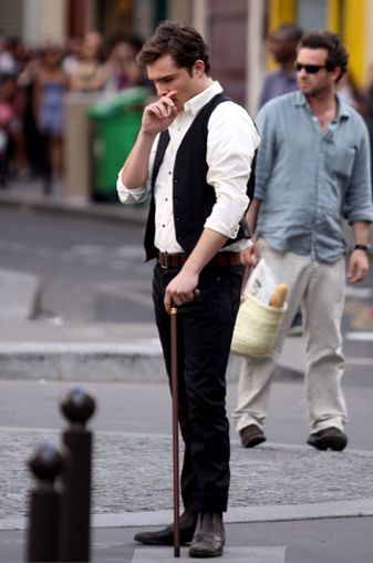 a good example of contemporary clothing from 19th century Europe.  The detail is extremely good with the walking cane, that was fashionable back then Man With Cane Reference, Poses With Cane, Cane Pose Reference, Walking Sticks And Canes, Girl Character, Chuck Bass, 19th Century Fashion, Mens Fashion Photography, Pose References